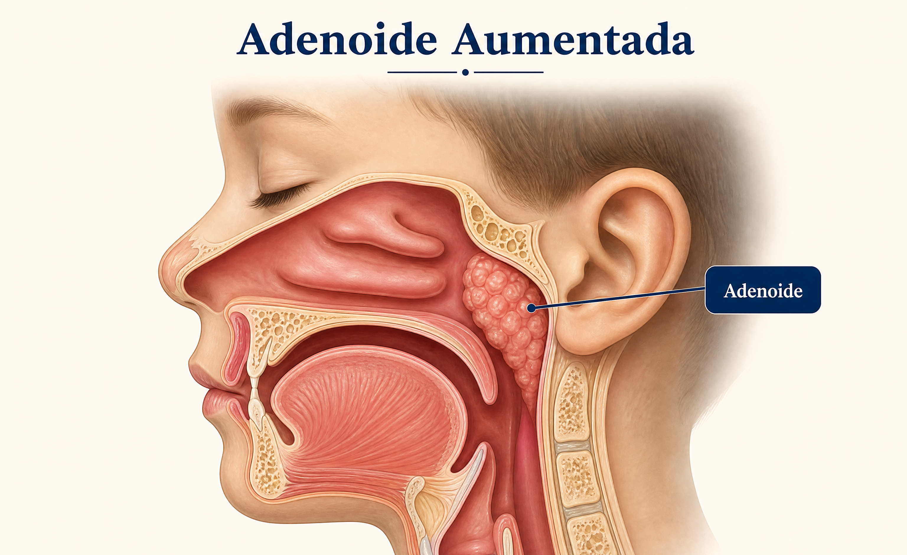 Ilustração médica da adenoide aumentada bloqueando a via aérea nasal